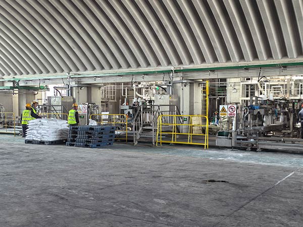 Industrial worker monitoring automated caustic soda flake production line at factory