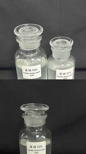 Clear liquid lye in reagent glass bottles labeled with 50% and 32% caustic soda concentration
