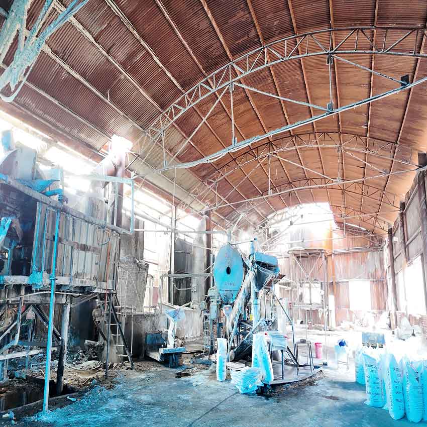 Liquid caustic soda processing equipment inside a chemical manufacturing plant