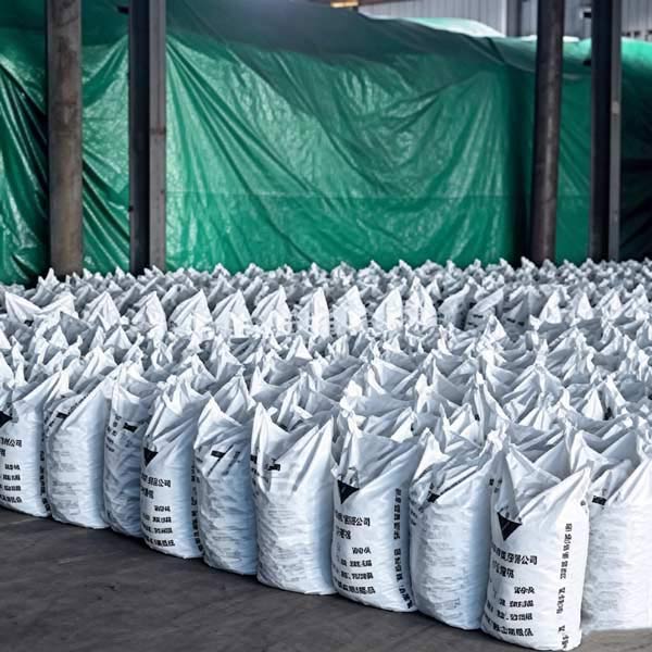 High-density arrangement of stretch wrapped caustic soda flakes pallet units stored in climate controlled warehouse aisle