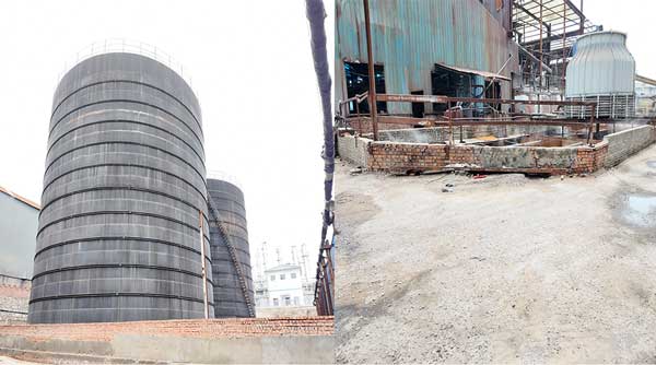 a comparison image showing a worker quality check on sodium hydrate bags next to a massive outdoor storage tank.