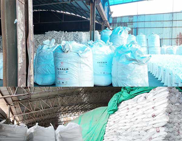Bulk jumbo bags of industrial sodium hydroxide use stored in chemical warehouse