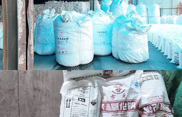 Large FIBC ton bags containing solid caustic soda flakes for sodium hydroxide use in water treatment