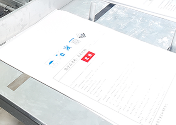 Flat perspective view of English and Chinese safety warnings on a caustic soda packaging line conveyer