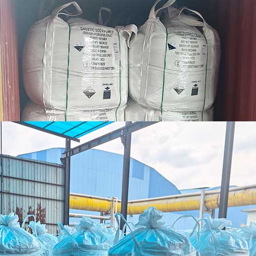 Industrial chemical facility staging area displaying ton bags of sodium hydroxide used in manufacturing cleaning products with sodium hydroxide.