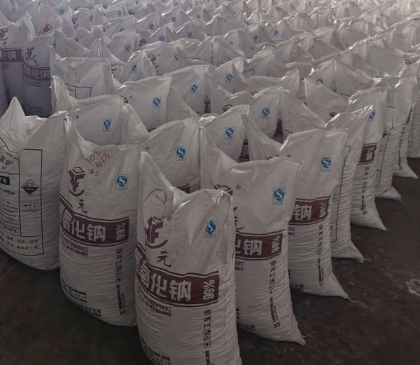 Detailed shot of durable 25kg caustic soda bags displaying high concentration 99 percent specification.
