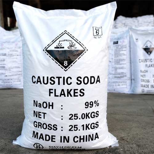 High-grade 99% pure Sodium Hydroxide (Caustic Soda) flakes, conveniently packaged in a durable 25kg bag, perfect for industrial applications requiring consistent quality.
