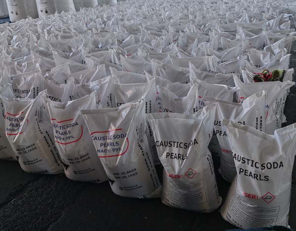 caustic soda 25kg bags neatly arranged in industrial export warehouse